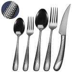 Runfly 20 Piece Hammered Black Silverware Set, 18/10 Stainless Steel Flatware Set, Modern Kitchen Utensil Set Service for 4, Tableware Set, Cutlery Set