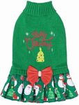 CuteBone Christmas Green Dog Sweater Dress Turtleneck Puppy Sweater with Bowtie Harness Hole Pullover Winter Dress for Medium Large Dogs