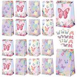 Butterfly Party Gift Bags - 20 Pcs Goodie Bags Party Favor Bags with Butterfly Stickers, Colored Paper Bags Treat Bags Birthday Goodie Bags for Kids Butterfly Birthday Party Supplies