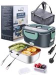 Buddew Electric Lunch Box 80W Food Heater 3 in 1 12/24/110-230V Portable Lunch Warmer Upgraded Leakproof Heated, for Car/Truck/Office with SS Fork&Spoon and Insulated Carry Bag (Green)