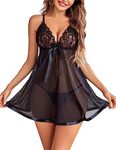 Avidlove Women Lingerie Sexy Deep V Lace Sleepwear Lace Chemise Mini Teddy Light Black