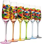 Stained Glass Champagne Flutes Set of 6 Hand Painted - Wine Savant - Hand Blown 7 Ounce Colorful Renaissance Champagne Glasses - 10.2" Tall, 2.7" Diameter Rainbow Multicolor Design Glassware