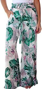 ECOWISH Wide Leg Pants for Women Summer 2024 Palazzo Tropical Floral Belted Casual Lightweight High Waist Flared Trousers with Pockets White Medium