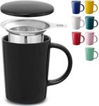 Tea Cup with Infuser and Lid - 400ml Large - Black Ceramic Mug - Long Warmth - Scratch Resistant - Dishwasher Safe