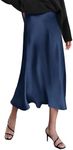 HOTOUCH Womens Blue Satin Midi Skirt Zipper High Waist Skirt Elegant Silk Flare Skirts A Line Silk Skirt Navy Blue Medium