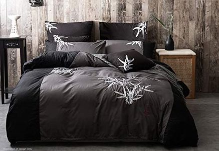 Oriental Bamboo Pattern Quilt Cover Set, 3pcs Charcoal Grey Doona Cover Set, Luxury King Size Embroidery Black Grey Quilt Cover Set (King Size)