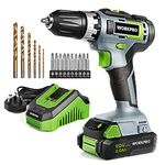 WORKPRO Cordless Drill Driver, 20V Electric Drill with 2000 mAh Battery, 1H Quick Charger, 25 Nm Max, 18+1 Torque, 3/8" Chuck, 2 Speed, LED Light, 16 pcs Drill and Screwdriver Bit