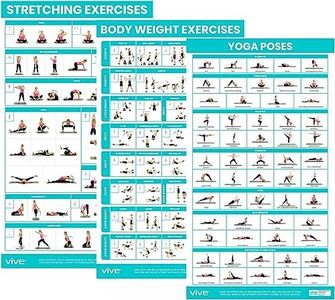 Vive Home Workout Posters 3 Pack - Bodyweight, Yoga, Stretching Exercise Pack - Equipment Accessories Fitness Guide Chart Motivation Sequence for Women, Men, Kids - Laminated, Colored Illustrations
