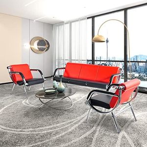 Waiting Room Bench with Armrest 5 Seat Red Black PU Leather Office Furniture Guest Seating Lobby Conference Reception Chair Visitor Guest Sofa for Office Airport Clinic Hospital Bank Salon Barber