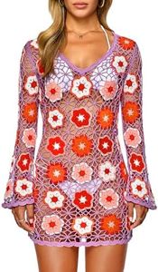 FAIRY SEASON Women's Crochet Beach Cover Up Dress Boho Bell Sleeve 3D Camellia Embroidery for Vacation, Pool Party