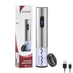 ELMWAY Electric Wine Opener, Rechargeable Stainless Steel Wine Bottle Opener with Foil Cutter and LED Indicator, Cordless Wine Corkscrew Remover, Automatic Wine Opener Gifts (Silver)