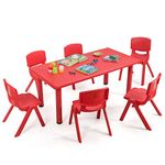 Costzon Kids Table and Chairs Set, 6 Pcs Stackable Chairs, 47 x 23.5 Inch Rectangular Plastic Activity Table Set for Children Reading Drawing Playing Snack Time, Toddler School Furniture (Red)