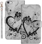 Tiyoo iPhone 6 Plus Case, iPhone 6s Plus Case, Marble PU Leather Flip Case with Embossed Love Heart Floral Pattern, Card Slots, Wrist Strap and Magnetic Clourse for iPhone 6plus Phone Case (Black)