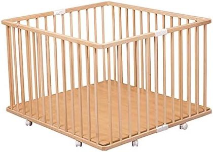 Parc Pliant Carré Gaby avec Plancher Réglable et Roulettes, Bois Naturel Finition Vernis