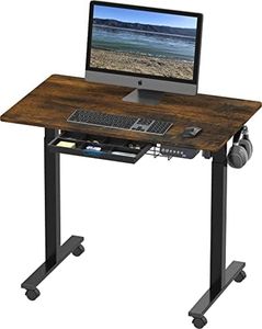 SHW 40-Inch Small Electric Height Adjustable Mobile Sit Stand Desk with Drawer, Hanging Hooks and Cable Management, 40 x 24 Inches, Rustic Brown