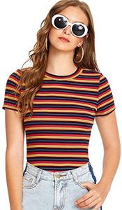 Milumia Women's Casual Multi Striped Ribbed Knit Short Sleeve Tee Knit Top Tshirt Multicolor Red Medium