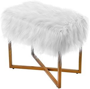 BIRDROCK HOME Rectangular White Faux Fur Foot Stool Ottoman with Gold Legs - Vanity Chair - Soft Compact Padded Seat - Bedroom and Kids Room Chair - Metal - Fluffy Makeup Seat