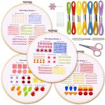 Bradove 4 Sets Embroidery Stitch Practice Kit for Beginners Adults Kids, Beginners Embroidery Kits with Video Tutorials and Detailed Instructions Include Hoop, Fabrics with Patterns, Floss, Thread