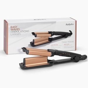 BaByliss Deep Waves – Cylindre à revêtement céramique, Technologie Ionique, 3 réglages de température (160°C-200°C), Ondulations sans frisottis, Wavy, Chauffe rapide – Noir & Doré, W2447E