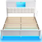 Rolanstar Bed Frame Queen Size with Charging Station, Bookcase Headboard Bed with LED Light and Sliding Doors, Platform Bed with Wooden Slats, No Box Spring Needed, Noise Free, White