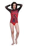 स्वदेस SPORTS Rhinestone-Adorned Red and Black Leotard for Sports and Gymnastics, Fabric Polyester & Lycra(fully elasticated) for Women (Size-XS)