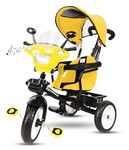 Amardeep Baby Tricycle Adore (1-5 Yrs) Plug N Play Wheels, Musical Rhymes, with Cushioned Seat, Safety Armrest, Parental Control, and Canopy (Yellow)