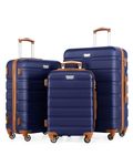 COOLIFE 3 Piece Luggage Set for Family Travel, Overseas Travel, ABS+PC, Lightweight Durable Suitcase with 360°Rubber Spinner Wheels, YKK Zipper, Telescopic Handle, TSA Lock, Blue/Brown