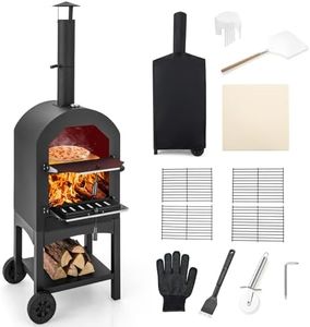 COSTWAY Four à Pizza Extérieur avec Thermomètre Intégré, Grill à Pizza Mobile avec Poignée et Roues Pratiques Couvercle Etanche Tiroir de Collecte des Cendres, pour Cour Jardin Patio, Noir