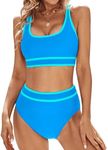 Blooming Jelly Women's Bikini Sets High Waisted Two Piece Swimsuits Sporty Color Block High Cut Tummy Control Bathing Suits（Blue, Medium