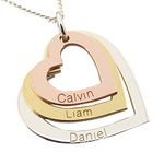 Three Colour Gold Plated Personalised Three Hearts Pendant Necklace With Optional Chain In Gift Box