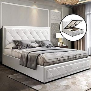 Artiss Queen Bed Frame Platform Tufted Headboard Frames Gas Lift Beds Base with Storage Space Bedroom Room Decor Home Furniture, Upholstered with White PVC Leather + Foam + Wood