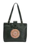 TANN IN Genuine Leather Ladies handbag - Handmade with Shantiniketan motif print (Bottle Green)