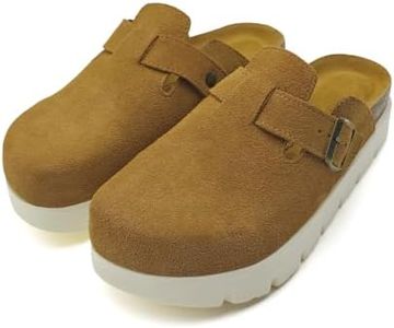 vinshoeci 100% Genuine Leather Platform Clogs for Kids Memory Foam Insole Arch Support Non-Slip Mules & Sandals for Girls & Boys Indoor Outdoor Cute Slippers Classic Adjustable Buckle Brown White 5.5