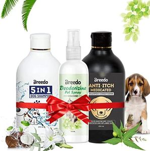 Breedo (Combo Of 3) Dog 5 In 1 Shampoo +Anti-Itch Shampoo(500 Milliliter)+ 100 Milliliter Natural Dog Body Deodorizer Spray Natural Itch Relief Dog Shampoo For Labrador, German Shepherd, Gold