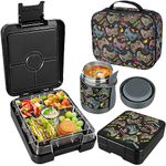 Pawtong Bento Lunch Box Set With 10oz Soup Thermo, Leak-proof Lunch Containers with 4 Compartment, Kids Hot Thermo Food Jar/Insulation Lunch Bag, Food Containers for School (Black-Games)