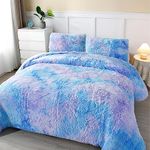 PERFEMET 3 Pcs Blue Plush Shaggy Comforter Queen Size Tie Dye Long Faux Fur Rainbow Bedding Set for Girls Ultra Soft Warm Fluffy Furry Bed Sets(Blue, Queen)