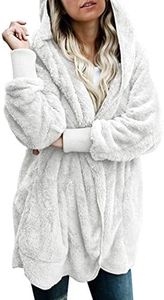 Dokotoo Womens Casual Solid Cozy Warm Ladies Fuzzy Winter Fashion 2024 Open Front Long Sleeve Fleece Pockets Hooded Cardigans Sweaters Jackets Coats Outerwear White M