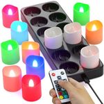 SoulBay Flameless Candles Color Changing Rechargeable, 12pcs LED Flickering Tea Lights Votives Candle with Charging Base & Remote Timer for Room Table Party Halloween Decorations, Multicolor, 4 cm