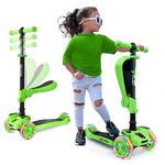 Hurtle 3-Wheel Try Scooter for Kids - Ages 2-12, Flip-able Seat, Foldable Kick Scooter, Flashing Lights, Adjustable Height, Green