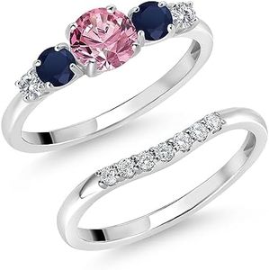 Gem Stone King 10K White Gold Pink and White Lab Grown Diamond Blue Sapphire 5 Stone Bridal Engagement Wedding Ring Set For Women (0.91 Cttw, Round: 5MM and 3MM, Available in Size 5,6,7,8,9)