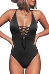 CUPSHE Women's One Piece Swimsuit Backless Tie V Neck Bathing Suit, L Black