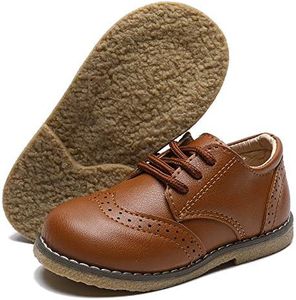 Timatego Toddler Boys Girls Oxford Shoes PU Leather Lace Up School Loafer Flats Baby Infant Uniform Dress Shoes(Toddler/Little Kid), 01 Brown, 6 Toddler