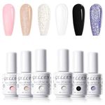 Gellen Gel Nail Polish Set - Black White Gel Polish 6 Colors, Glitter Classic Pink Blue Nail Polish Long Lasting Nail Gel Art Home Gel Nail Manicure Kit