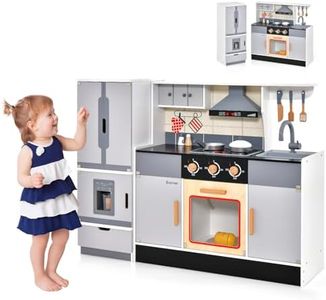 HONEY JOY Wooden Play Kitchen, Kids Pretend Play Kitchen Toy w/Freestanding Refrigerator, Sink, Ice Maker, Range Hood with Light & Sound, Chef Play Kitchen Playset w/ 14 pcs Accessories for Kids 3+