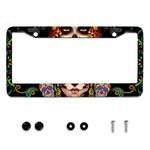 Personalise Sugar Skull Retro License Plate Frame Colorful Candy Skulls License Plate Car Universal Stainless Steel Accessories Cars Decor 2 Holes Screws Fits Standard US Vehicles Size 12.2 x 6 Inch