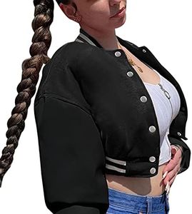 qfmqkpi Lady's Retro Varsity Fleece Baseball Coat Color block Patchwork PU Leather Sleeve Jackets Tops Black XL