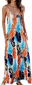 OURS Women's Summer Casual Floral Printed Bohemian Spaghetti Strap Floral Long Maxi Dress with Pockets (X-Large, B-Leaf Print)