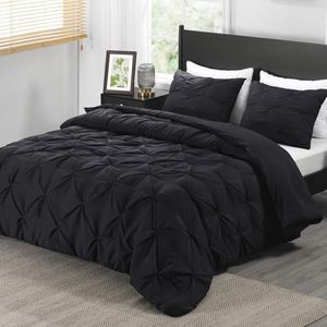 downluxe Pintuck King Size Comforter Set with 2 Pillow Shams - 3-Piece - Black King Comforter Set for All Seasons, Pinch Pleat Microfiber Down Alternative Bedding Comforter Sets