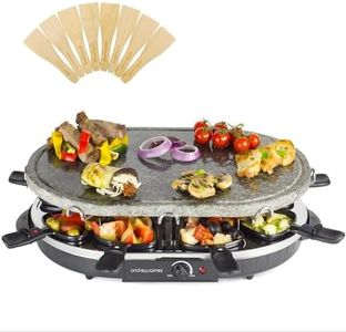 Andrew James Electric Raclette Hotplate Party Non Stick Grill Machine, Oval Stone Hot Plate Cooks Evenly and Retains Heat, 8 Fondue Cheese Pans and Wooden Spatulas Set, 1200W, Thermostat Control