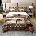 100% Cotton Rustic Western Cowboy Duvet Cover Queen,Bull Horse Bedding Set for Cowboy Cowgirl,Tribal Boho Aztec Comforter Cover,Farmhouse Horseshoe Brown Southwestern Bed Sets with 2 Pillowcases